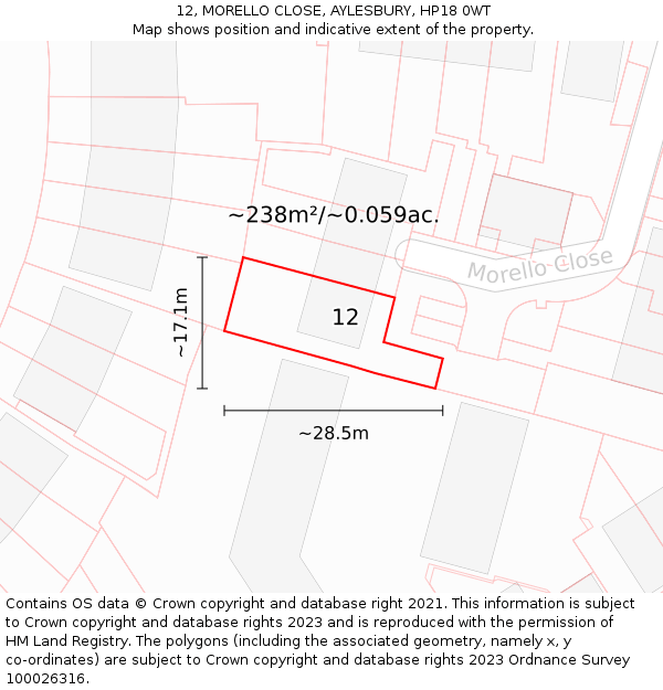 12, MORELLO CLOSE, AYLESBURY, HP18 0WT: Plot and title map