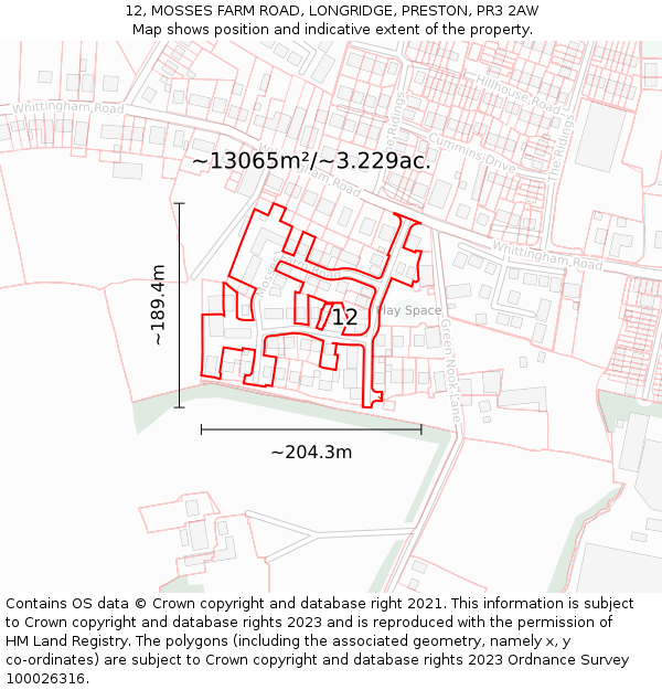 12, MOSSES FARM ROAD, LONGRIDGE, PRESTON, PR3 2AW: Plot and title map