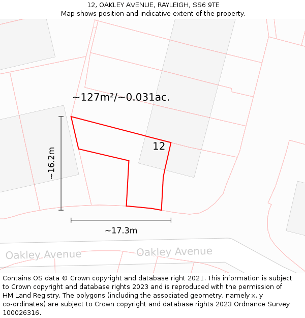 12, OAKLEY AVENUE, RAYLEIGH, SS6 9TE: Plot and title map