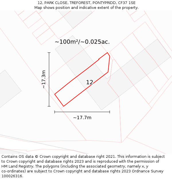12, PARK CLOSE, TREFOREST, PONTYPRIDD, CF37 1SE: Plot and title map