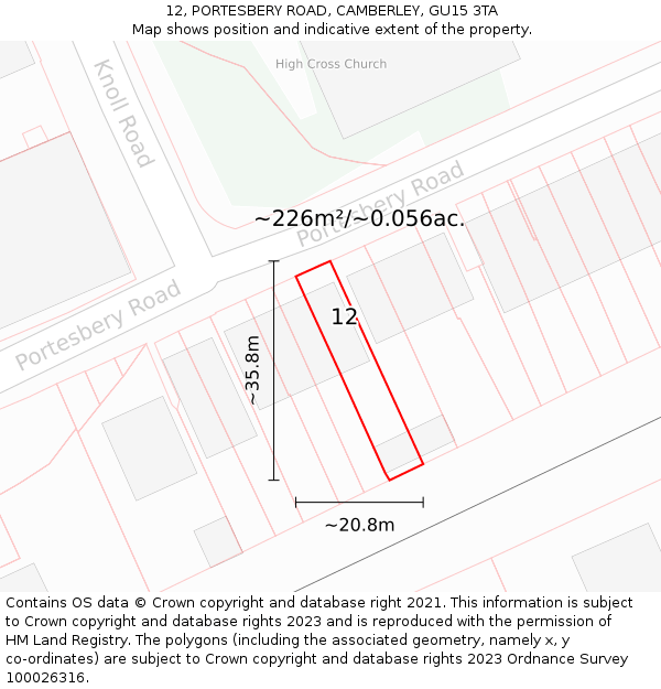 12, PORTESBERY ROAD, CAMBERLEY, GU15 3TA: Plot and title map