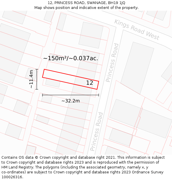 12, PRINCESS ROAD, SWANAGE, BH19 1JQ: Plot and title map
