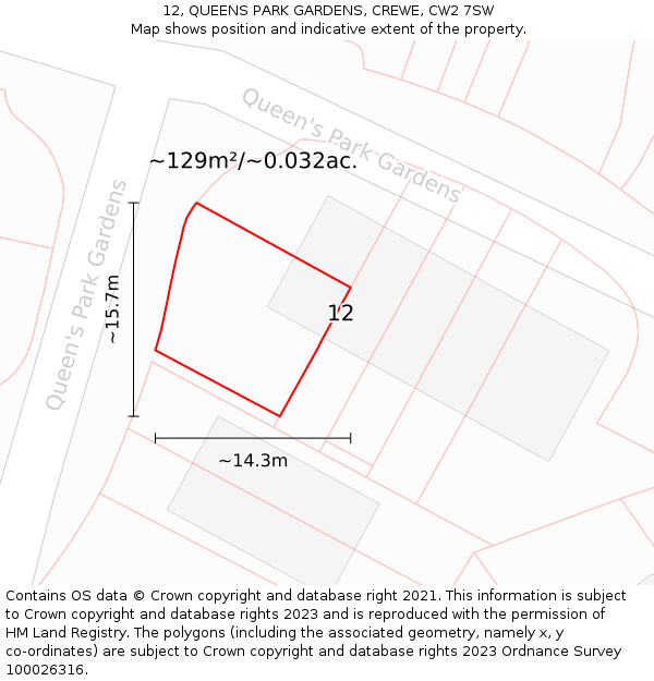 12, QUEENS PARK GARDENS, CREWE, CW2 7SW: Plot and title map