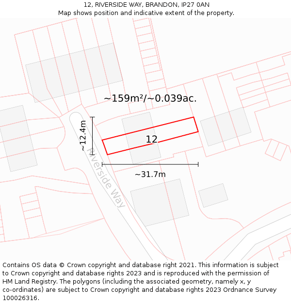 12, RIVERSIDE WAY, BRANDON, IP27 0AN: Plot and title map