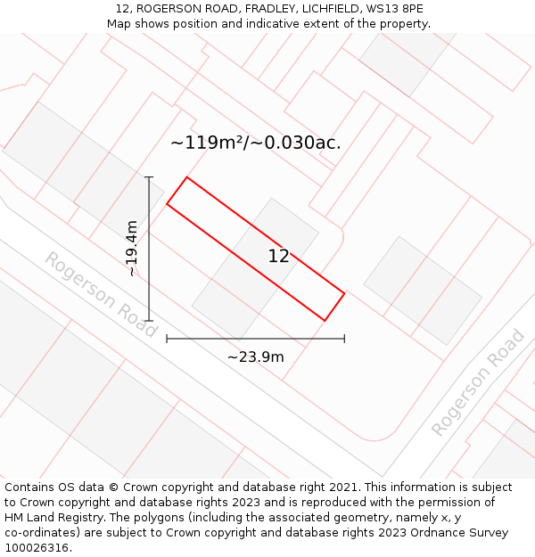 12, ROGERSON ROAD, FRADLEY, LICHFIELD, WS13 8PE: Plot and title map