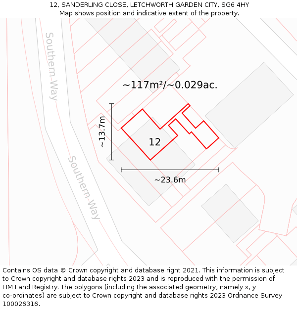 12, SANDERLING CLOSE, LETCHWORTH GARDEN CITY, SG6 4HY: Plot and title map