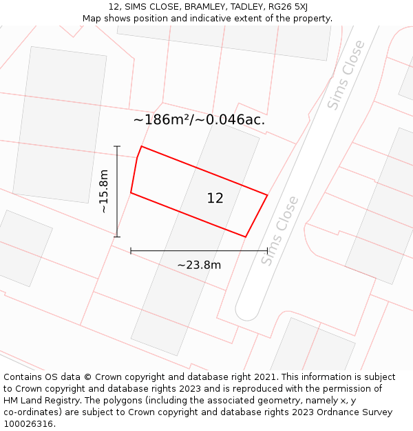 12, SIMS CLOSE, BRAMLEY, TADLEY, RG26 5XJ: Plot and title map