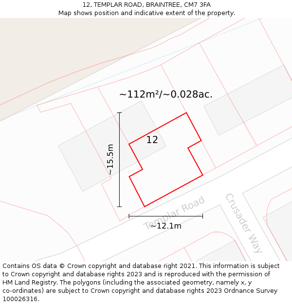 12, TEMPLAR ROAD, BRAINTREE, CM7 3FA: Plot and title map