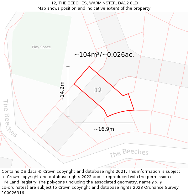 12, THE BEECHES, WARMINSTER, BA12 8LD: Plot and title map