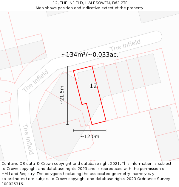 12, THE INFIELD, HALESOWEN, B63 2TF: Plot and title map