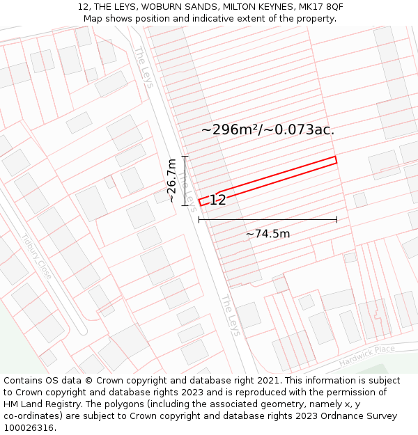 12, THE LEYS, WOBURN SANDS, MILTON KEYNES, MK17 8QF: Plot and title map