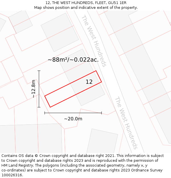 12, THE WEST HUNDREDS, FLEET, GU51 1ER: Plot and title map