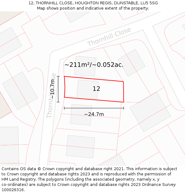 12, THORNHILL CLOSE, HOUGHTON REGIS, DUNSTABLE, LU5 5SG: Plot and title map