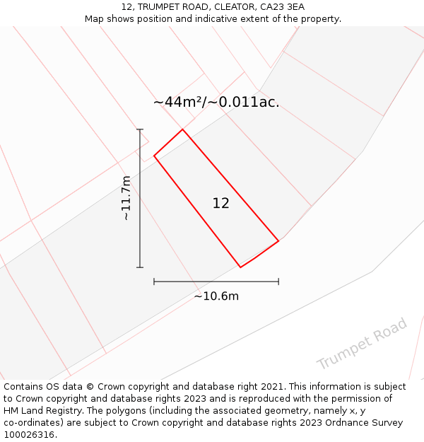 12, TRUMPET ROAD, CLEATOR, CA23 3EA: Plot and title map
