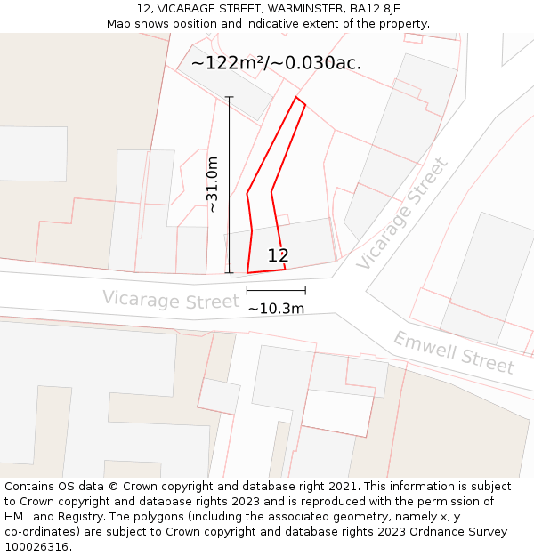 12, VICARAGE STREET, WARMINSTER, BA12 8JE: Plot and title map