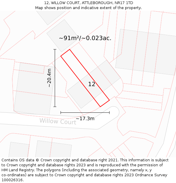 12, WILLOW COURT, ATTLEBOROUGH, NR17 1TD: Plot and title map