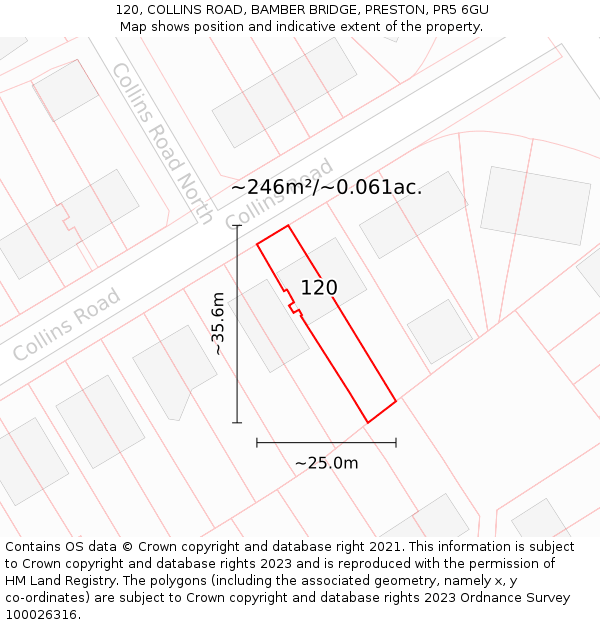 120, COLLINS ROAD, BAMBER BRIDGE, PRESTON, PR5 6GU: Plot and title map