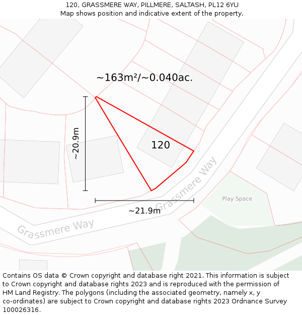 120, GRASSMERE WAY, PILLMERE, SALTASH, PL12 6YU: Plot and title map