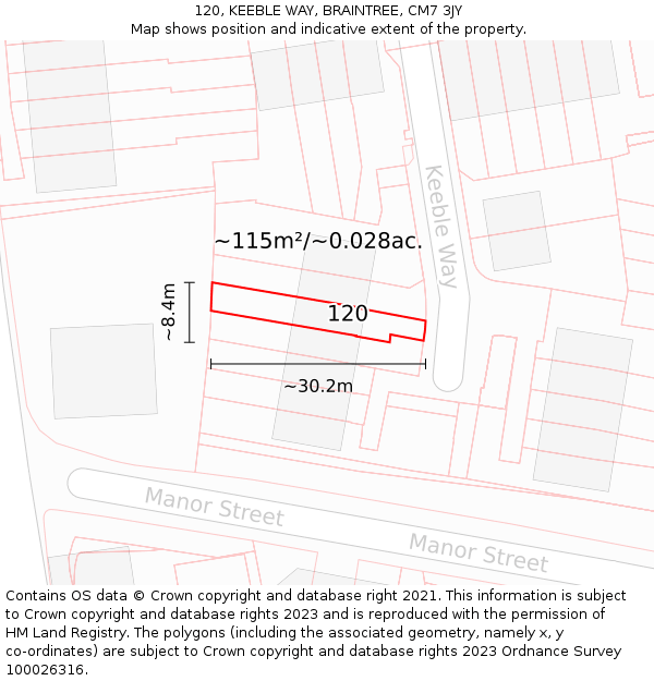 120, KEEBLE WAY, BRAINTREE, CM7 3JY: Plot and title map