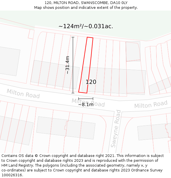 120, MILTON ROAD, SWANSCOMBE, DA10 0LY: Plot and title map