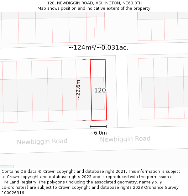 120, NEWBIGGIN ROAD, ASHINGTON, NE63 0TH: Plot and title map