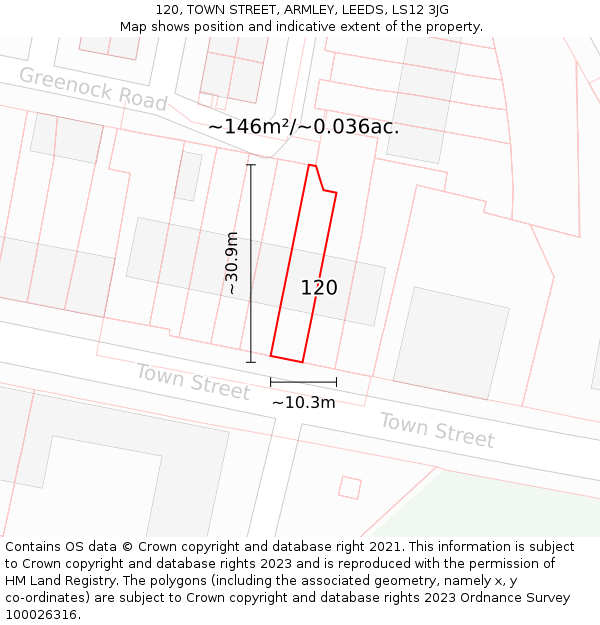 120, TOWN STREET, ARMLEY, LEEDS, LS12 3JG: Plot and title map