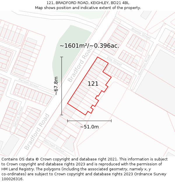 121, BRADFORD ROAD, KEIGHLEY, BD21 4BL: Plot and title map