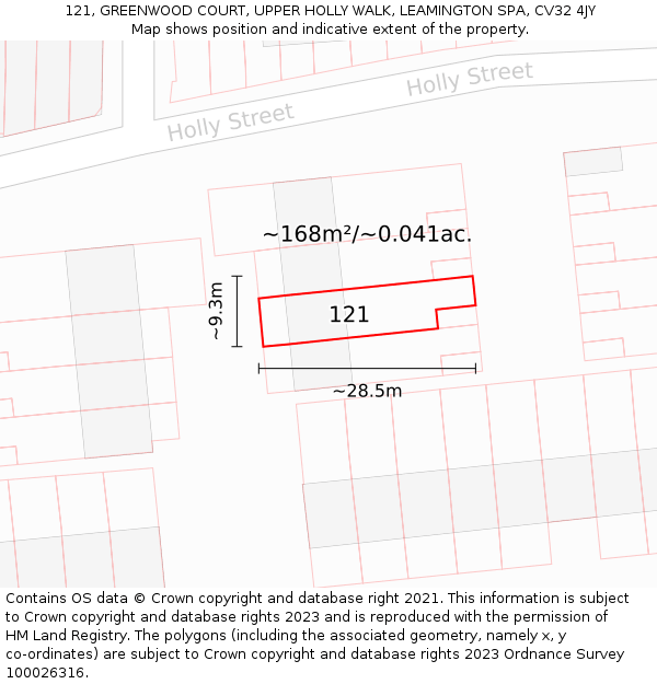 121, GREENWOOD COURT, UPPER HOLLY WALK, LEAMINGTON SPA, CV32 4JY: Plot and title map