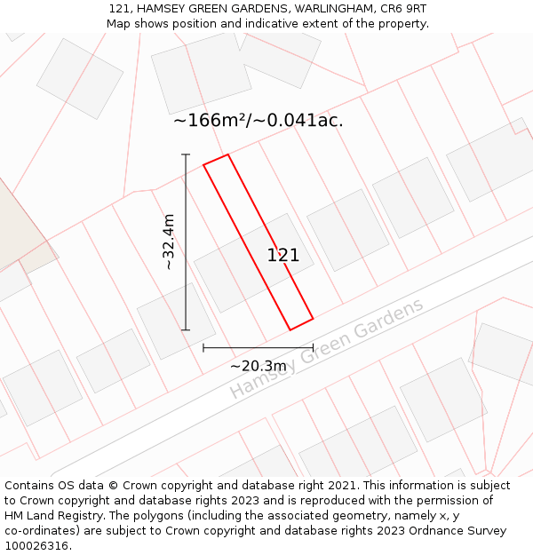 121, HAMSEY GREEN GARDENS, WARLINGHAM, CR6 9RT: Plot and title map