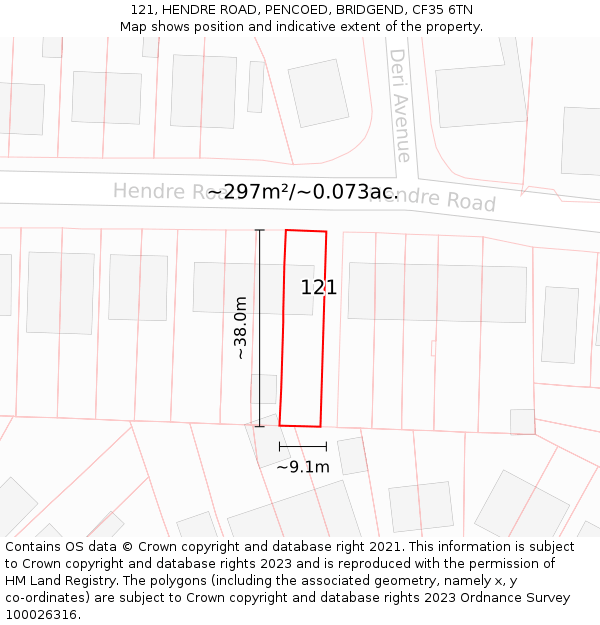 121, HENDRE ROAD, PENCOED, BRIDGEND, CF35 6TN: Plot and title map