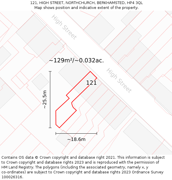 121, HIGH STREET, NORTHCHURCH, BERKHAMSTED, HP4 3QL: Plot and title map