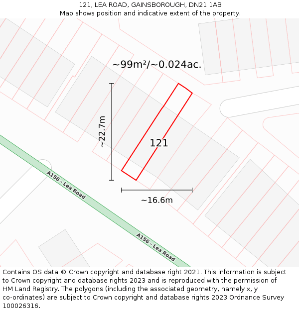 121, LEA ROAD, GAINSBOROUGH, DN21 1AB: Plot and title map