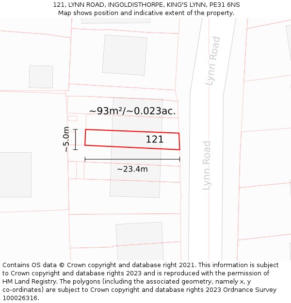 121, LYNN ROAD, INGOLDISTHORPE, KING'S LYNN, PE31 6NS: Plot and title map
