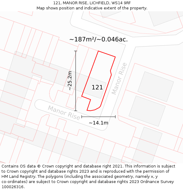 121, MANOR RISE, LICHFIELD, WS14 9RF: Plot and title map