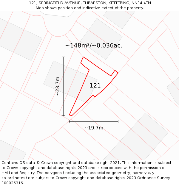 121, SPRINGFIELD AVENUE, THRAPSTON, KETTERING, NN14 4TN: Plot and title map