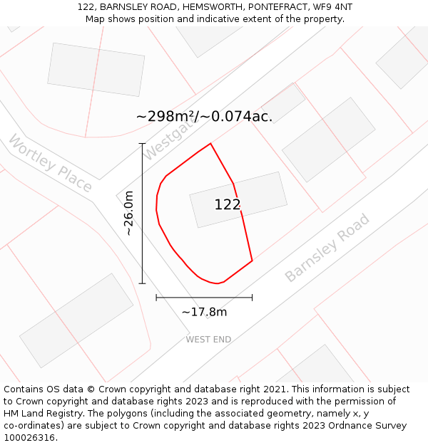 122, BARNSLEY ROAD, HEMSWORTH, PONTEFRACT, WF9 4NT: Plot and title map