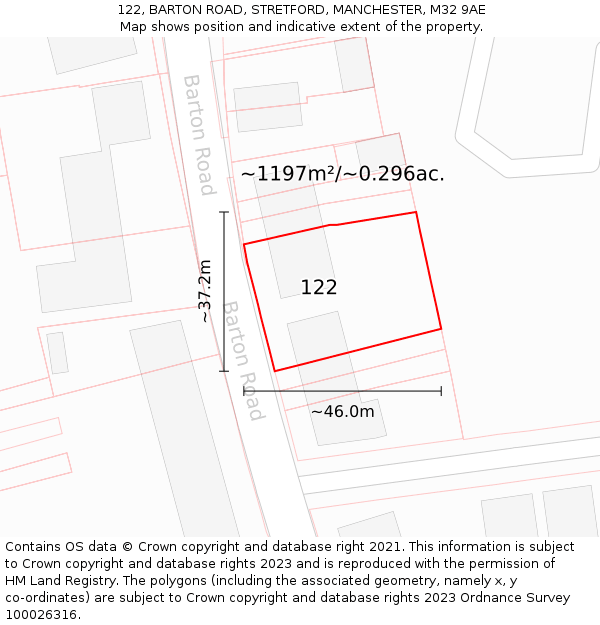 122, BARTON ROAD, STRETFORD, MANCHESTER, M32 9AE: Plot and title map