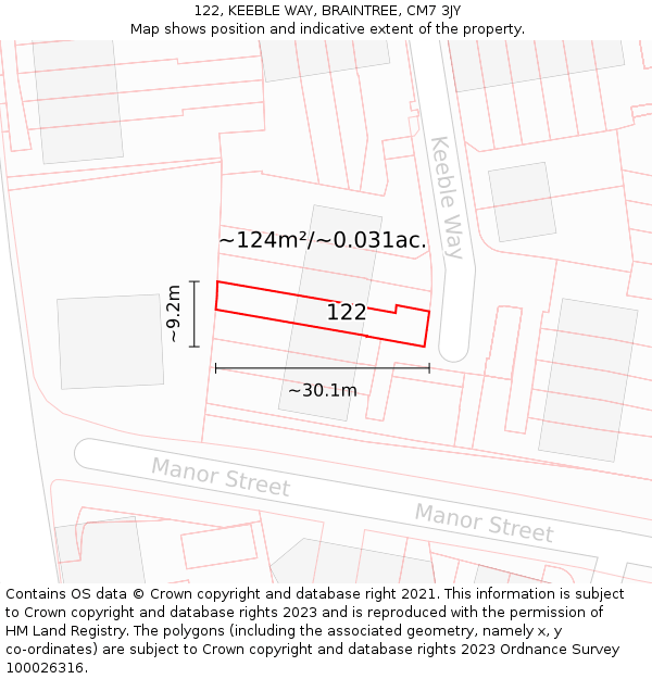 122, KEEBLE WAY, BRAINTREE, CM7 3JY: Plot and title map