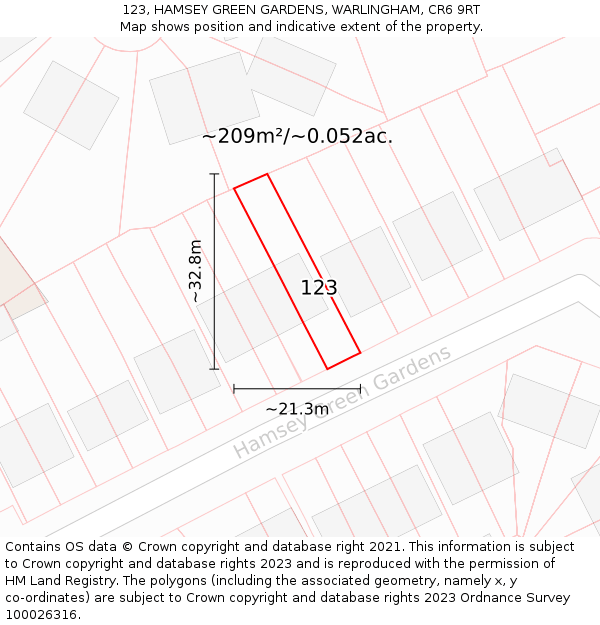 123, HAMSEY GREEN GARDENS, WARLINGHAM, CR6 9RT: Plot and title map