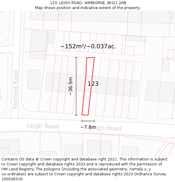 123, LEIGH ROAD, WIMBORNE, BH21 2AB: Plot and title map