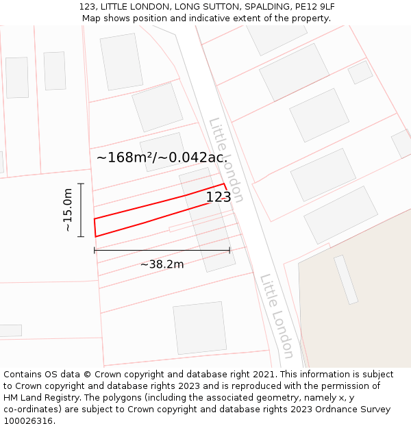 123, LITTLE LONDON, LONG SUTTON, SPALDING, PE12 9LF: Plot and title map