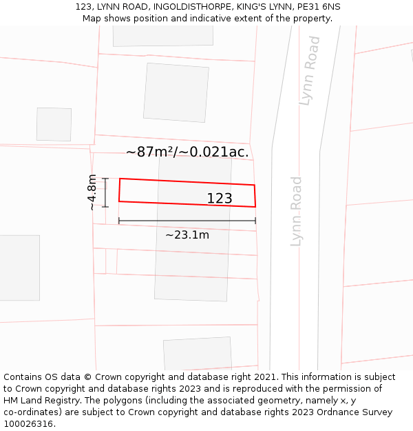 123, LYNN ROAD, INGOLDISTHORPE, KING'S LYNN, PE31 6NS: Plot and title map