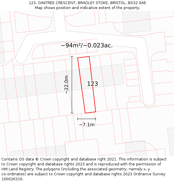 123, OAKTREE CRESCENT, BRADLEY STOKE, BRISTOL, BS32 9AE: Plot and title map