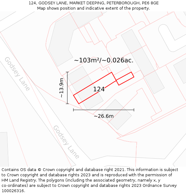 124, GODSEY LANE, MARKET DEEPING, PETERBOROUGH, PE6 8GE: Plot and title map
