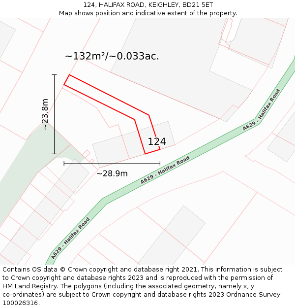 124, HALIFAX ROAD, KEIGHLEY, BD21 5ET: Plot and title map