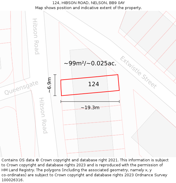 124, HIBSON ROAD, NELSON, BB9 0AY: Plot and title map