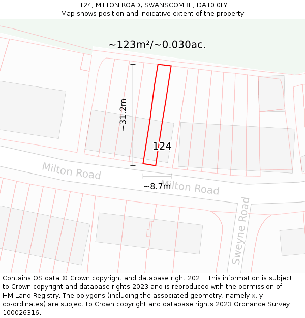 124, MILTON ROAD, SWANSCOMBE, DA10 0LY: Plot and title map