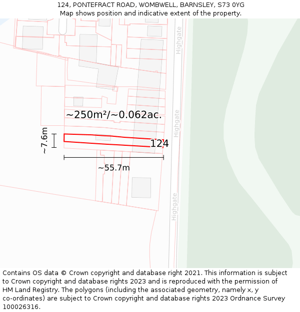 124, PONTEFRACT ROAD, WOMBWELL, BARNSLEY, S73 0YG: Plot and title map