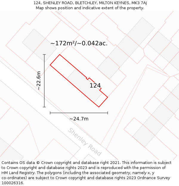 124, SHENLEY ROAD, BLETCHLEY, MILTON KEYNES, MK3 7AJ: Plot and title map