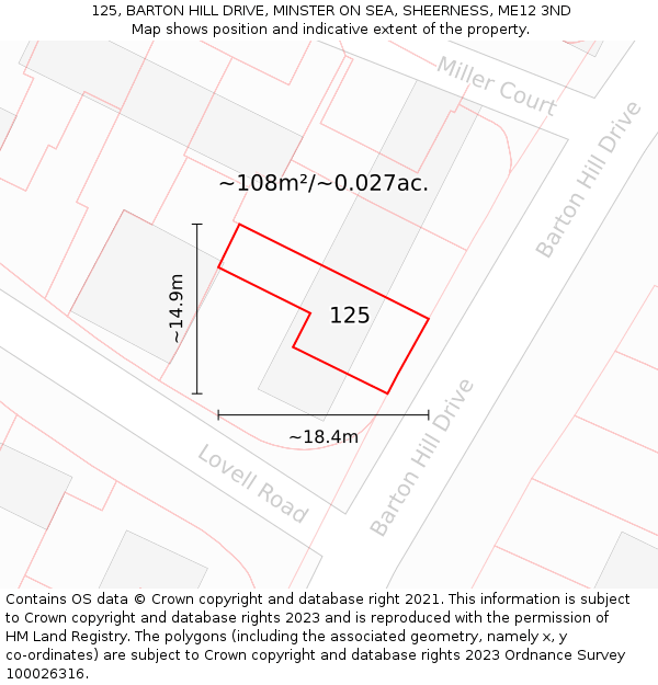 125, BARTON HILL DRIVE, MINSTER ON SEA, SHEERNESS, ME12 3ND: Plot and title map
